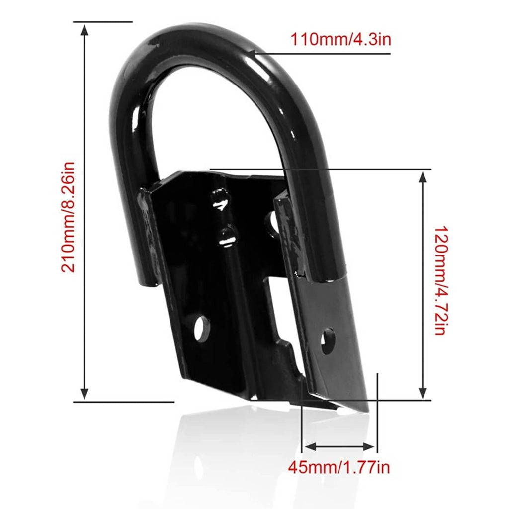 Black tow hook bracket with U-shaped handle, side view with size markers