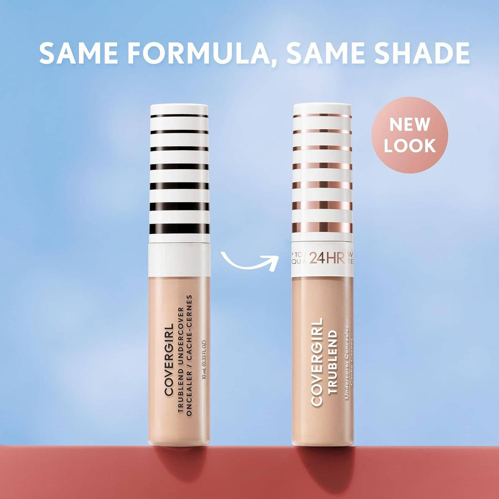 Concealer shade tubes with striped caps, two beige tones side by side