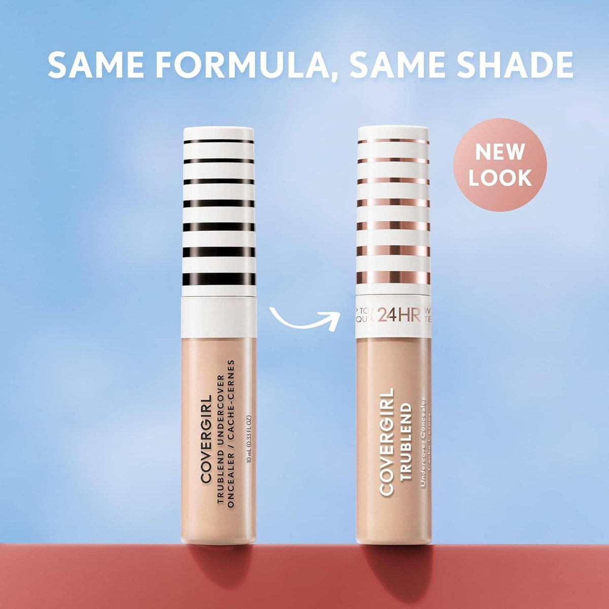 Concealer shade tubes with striped caps, two beige tones side by side