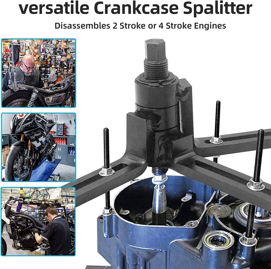 Crankcase splitter stand with central screw and three adjustable arms