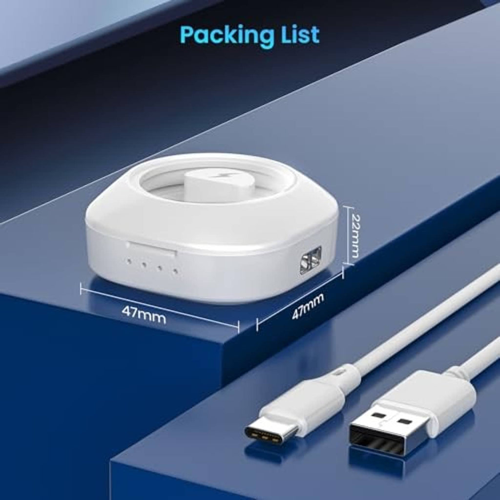 White portable smart ring charging case with ring dock and USB charging cable