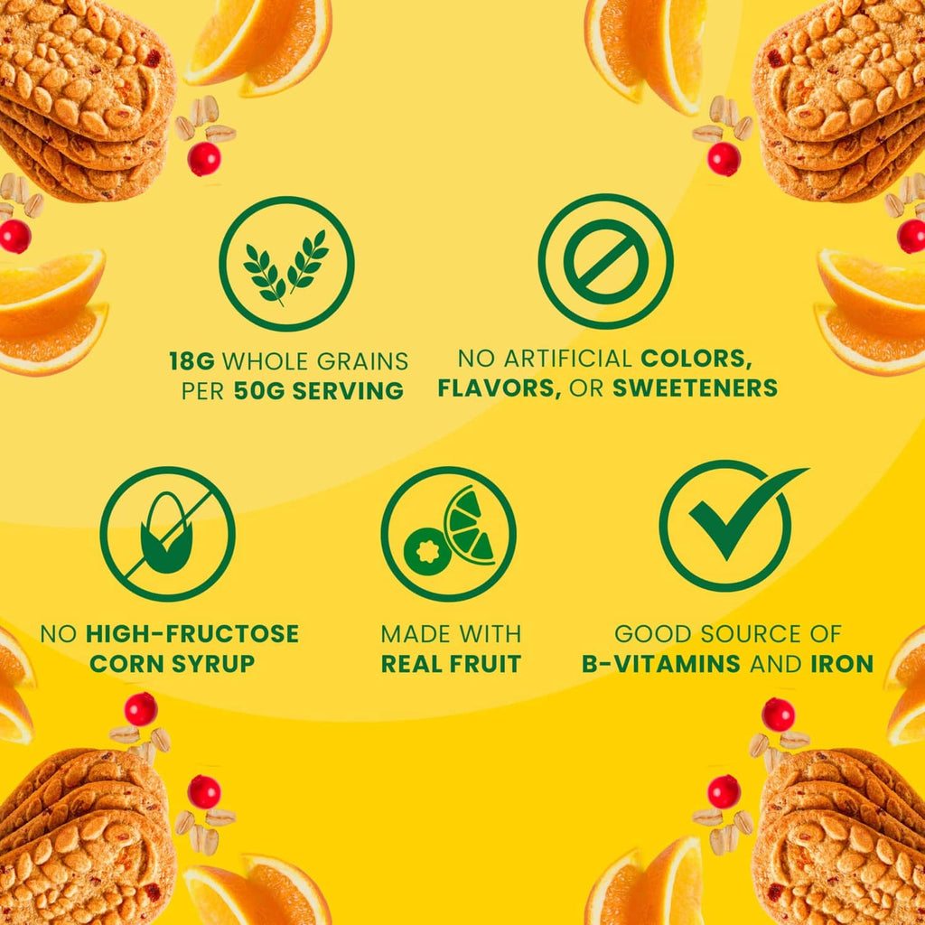 Belvita Crunchy cranberry-orange breakfast biscuits back panel with ingredient icons