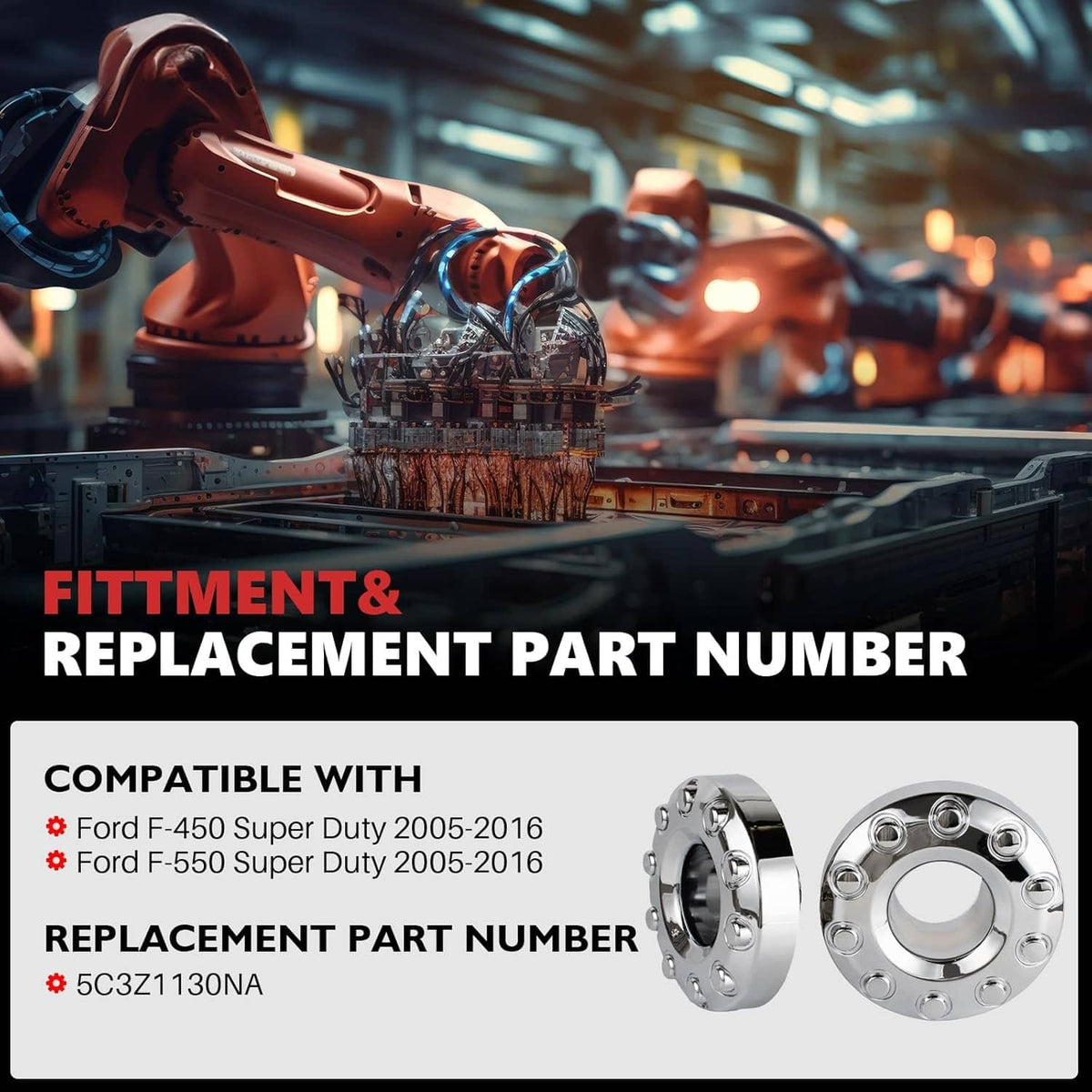 Wheel hub center cap product shown with front and parts diagram