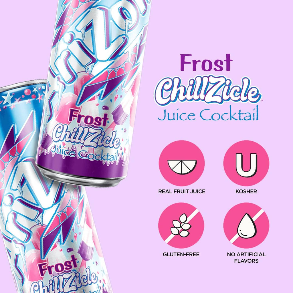 Frost Chillzicle juice can with front label and icons for real fruit juice, kosher