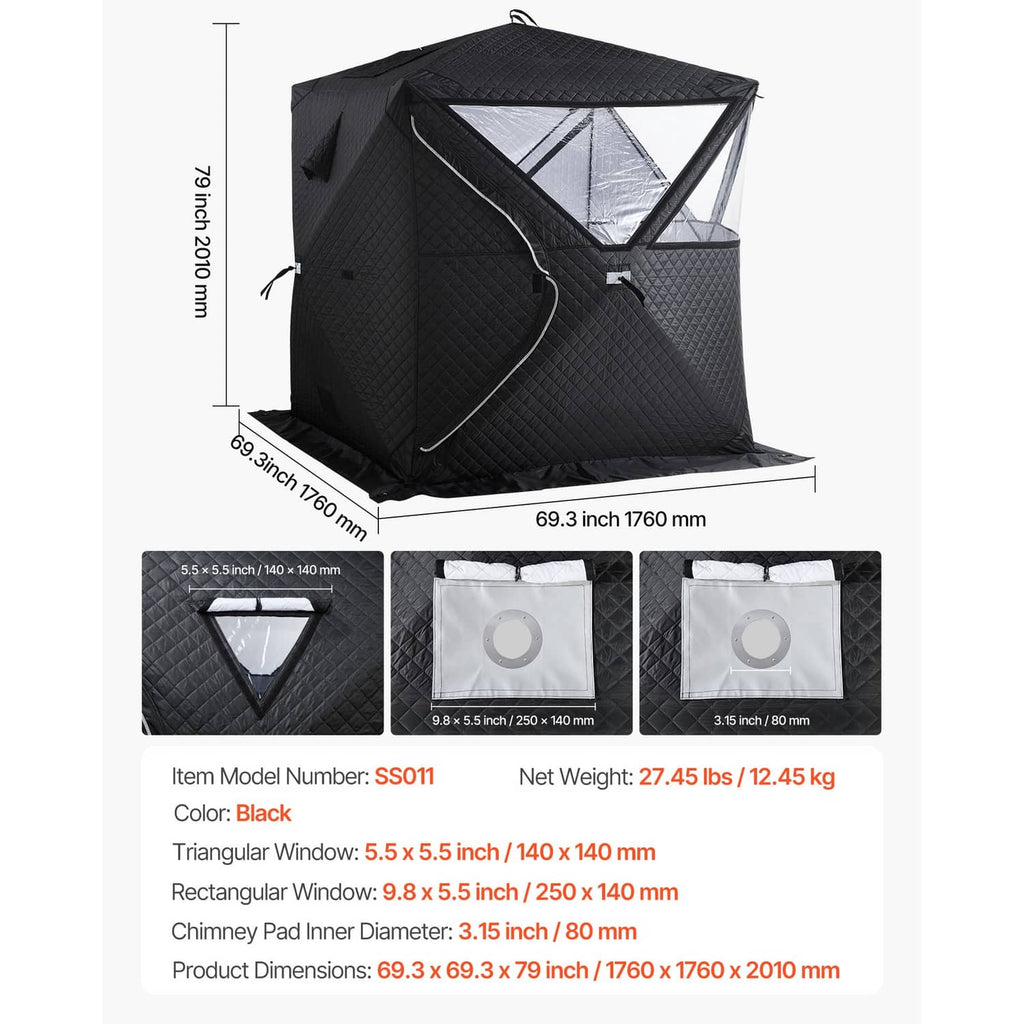 Black sauna tent with chimney opening, side door zipper, and size detail diagram