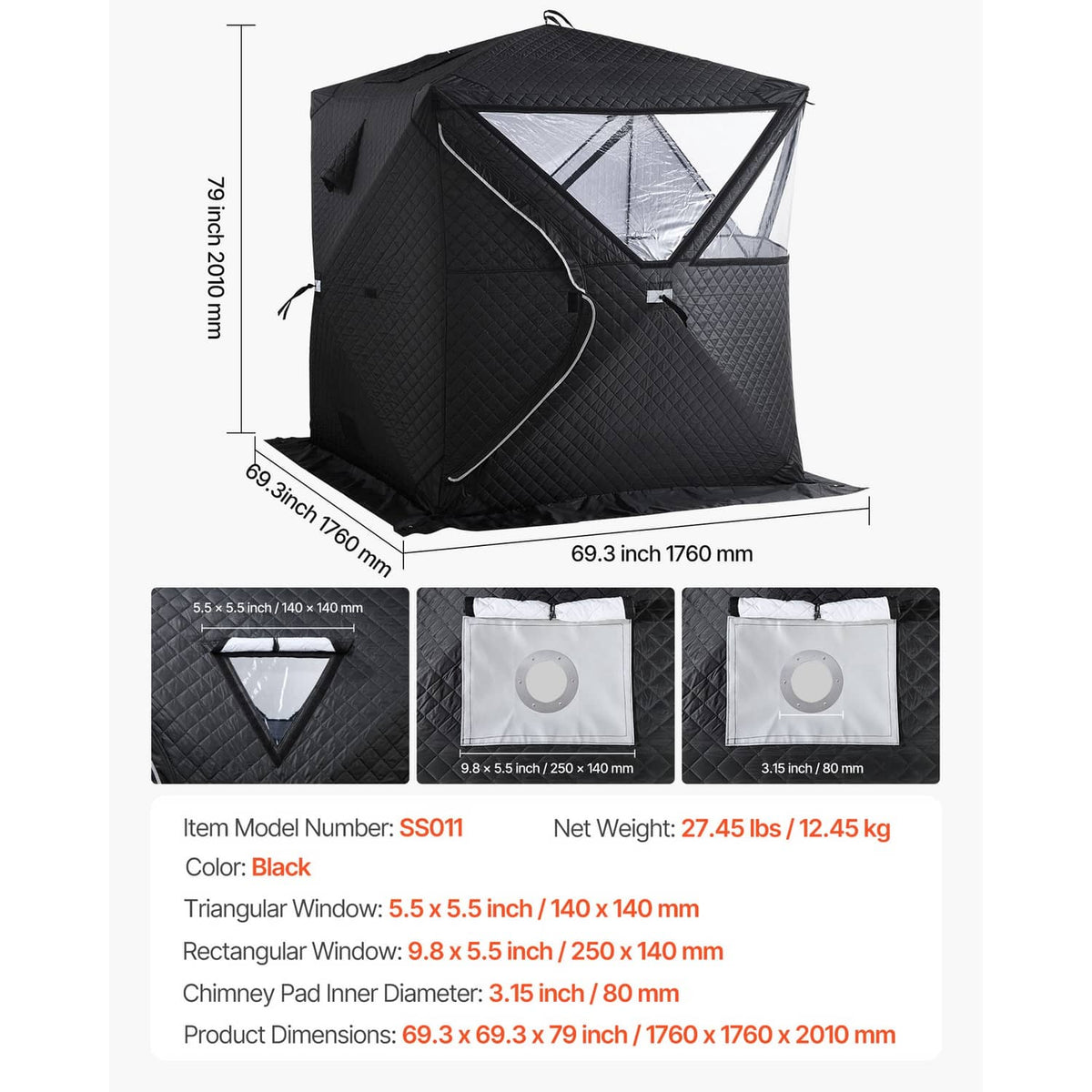 Black sauna tent with chimney opening, side door zipper, and size detail diagram