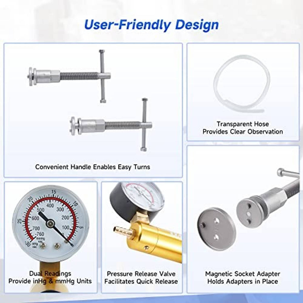 Brake bleeder tool with transparent hose and pressure gauge fitting illustrated