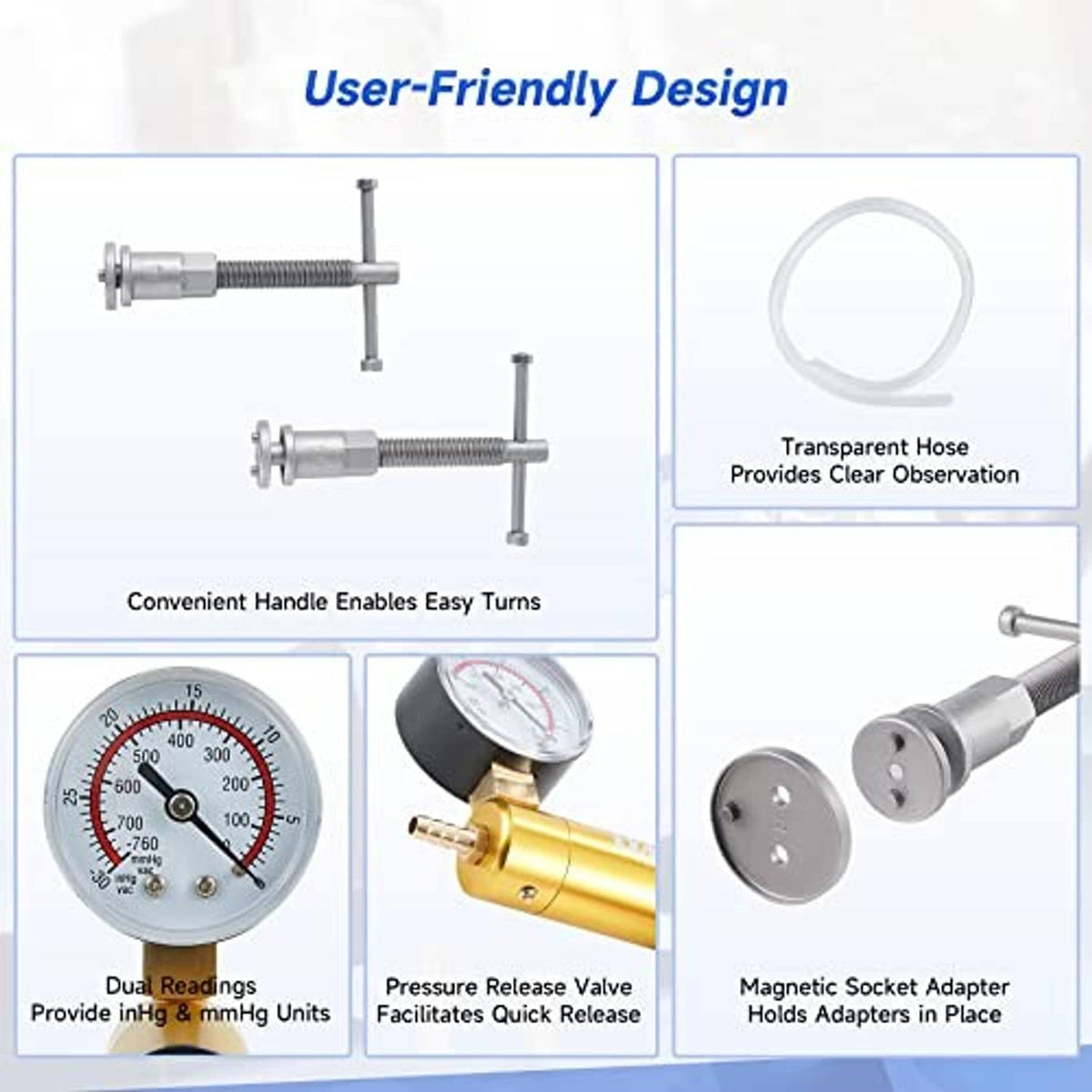 Brake bleeder tool with transparent hose and pressure gauge fitting illustrated