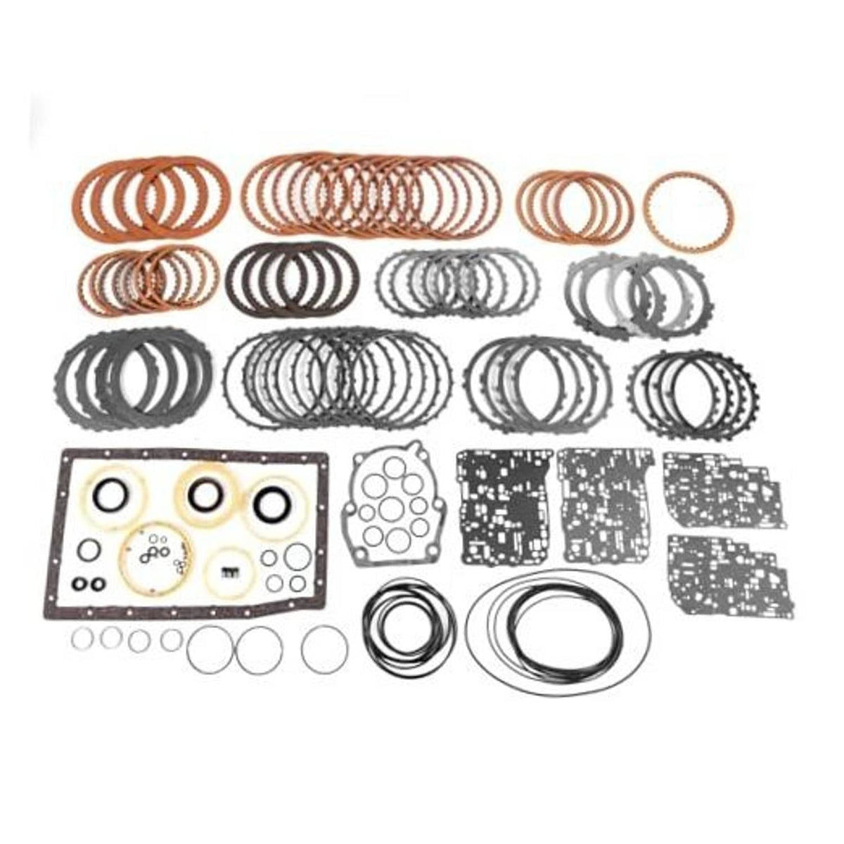 Transmission master rebuild kit parts assortment with metal rings, gaskets, and seals