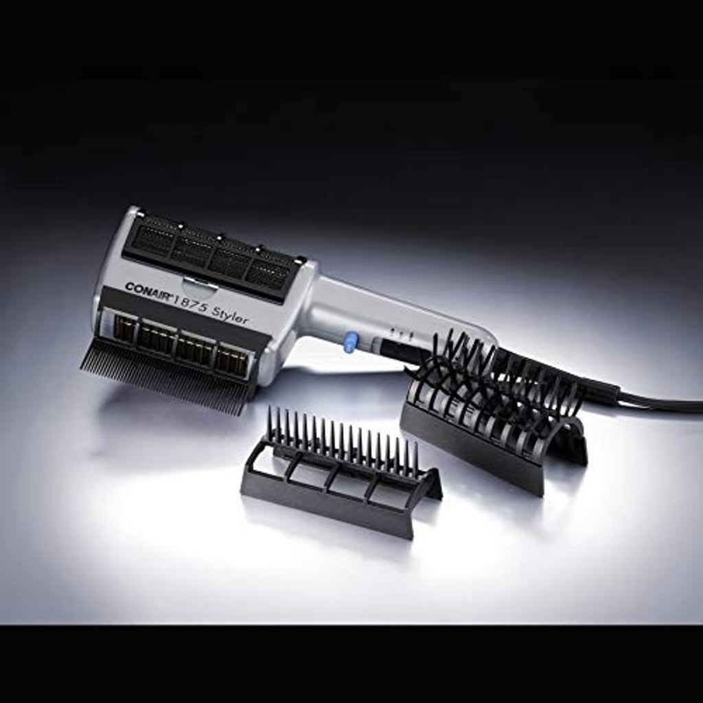 Conair 3-in-1 hair dryer with styling brush and comb attachments, gray with black barrel