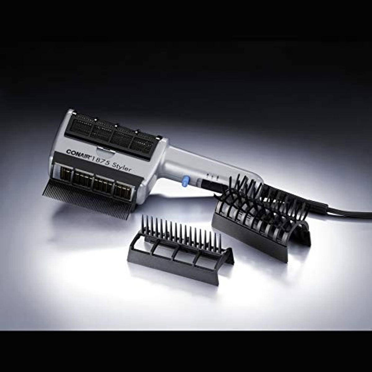Conair 3-in-1 hair dryer with styling brush and comb attachments, gray with black barrel
