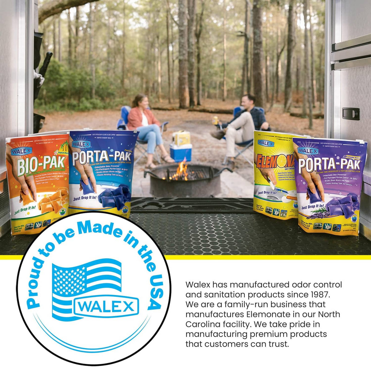 WALEX deodorizer product packs displayed on RV camper porch