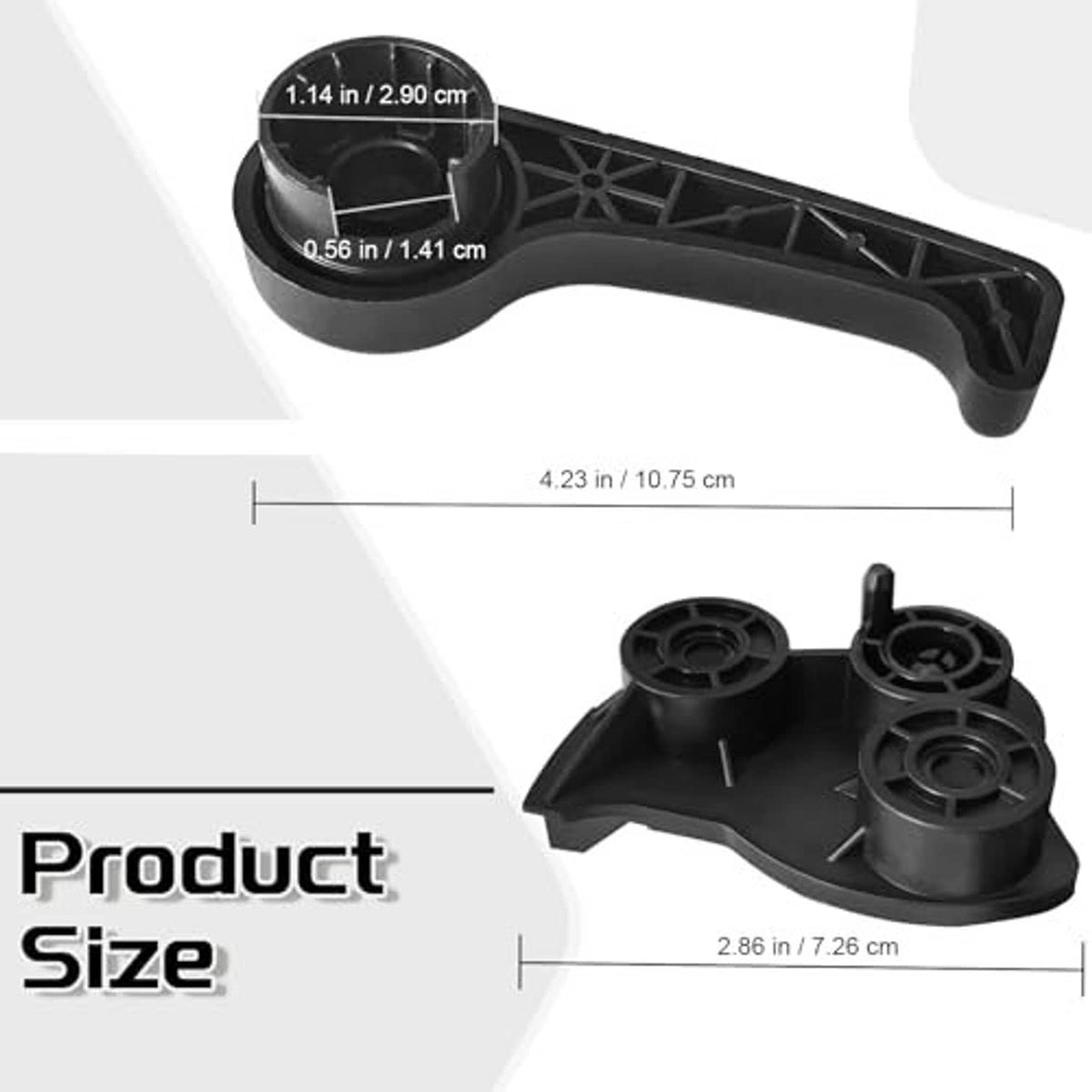 Hood latch release handle and base assembly, black plastic, product size view