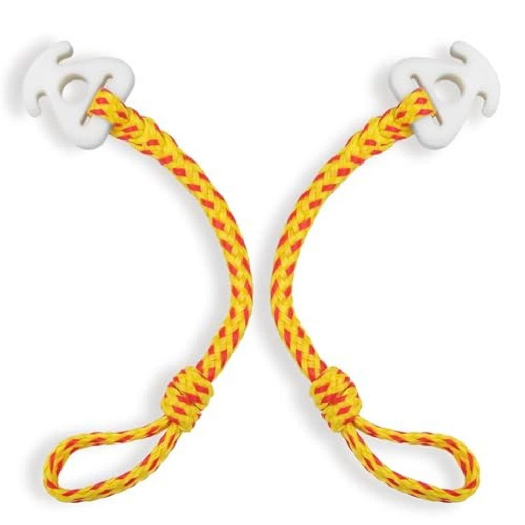 White plastic boat tow quick connector pair with red-yellow braided tow rope loops