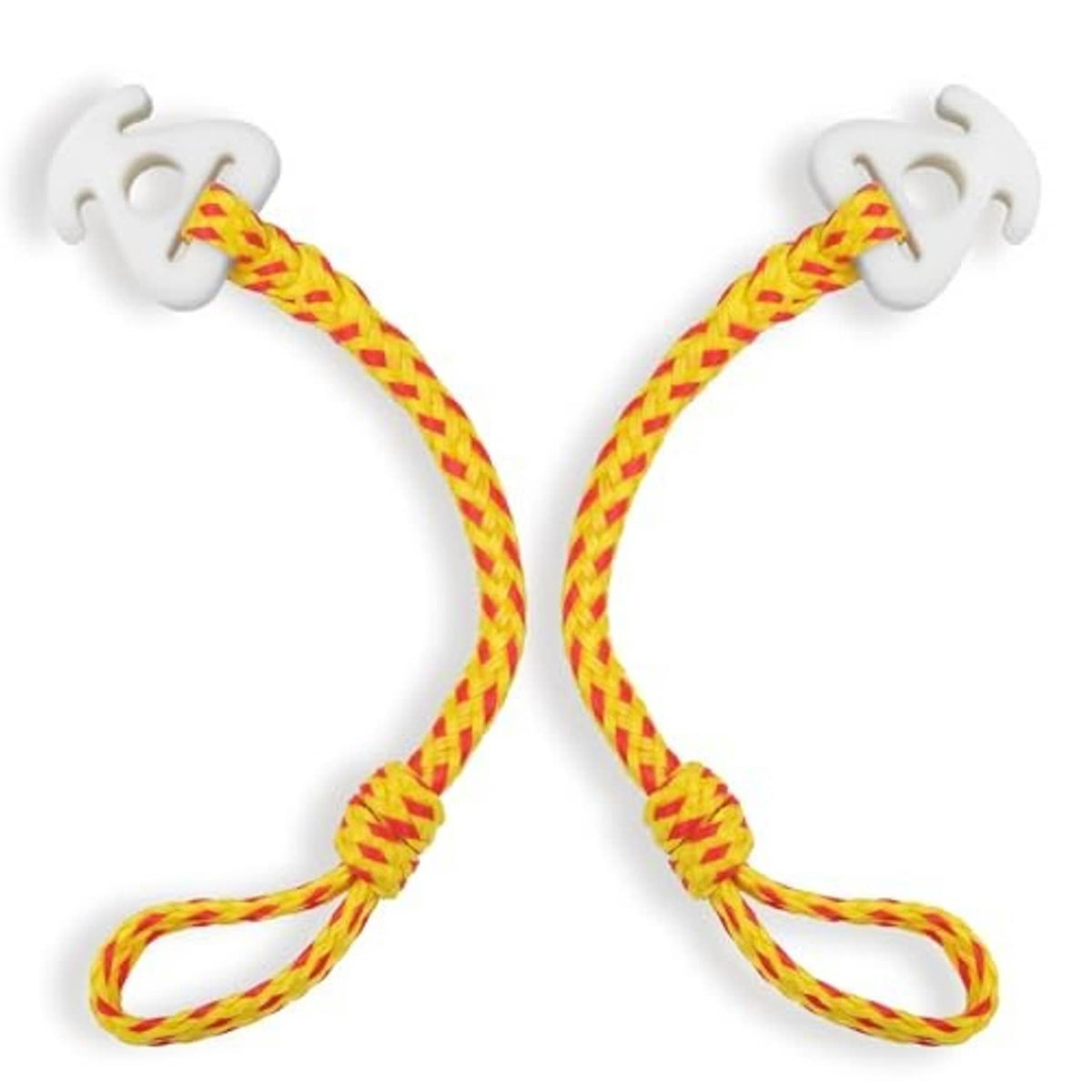 White plastic boat tow quick connector pair with red-yellow braided tow rope loops
