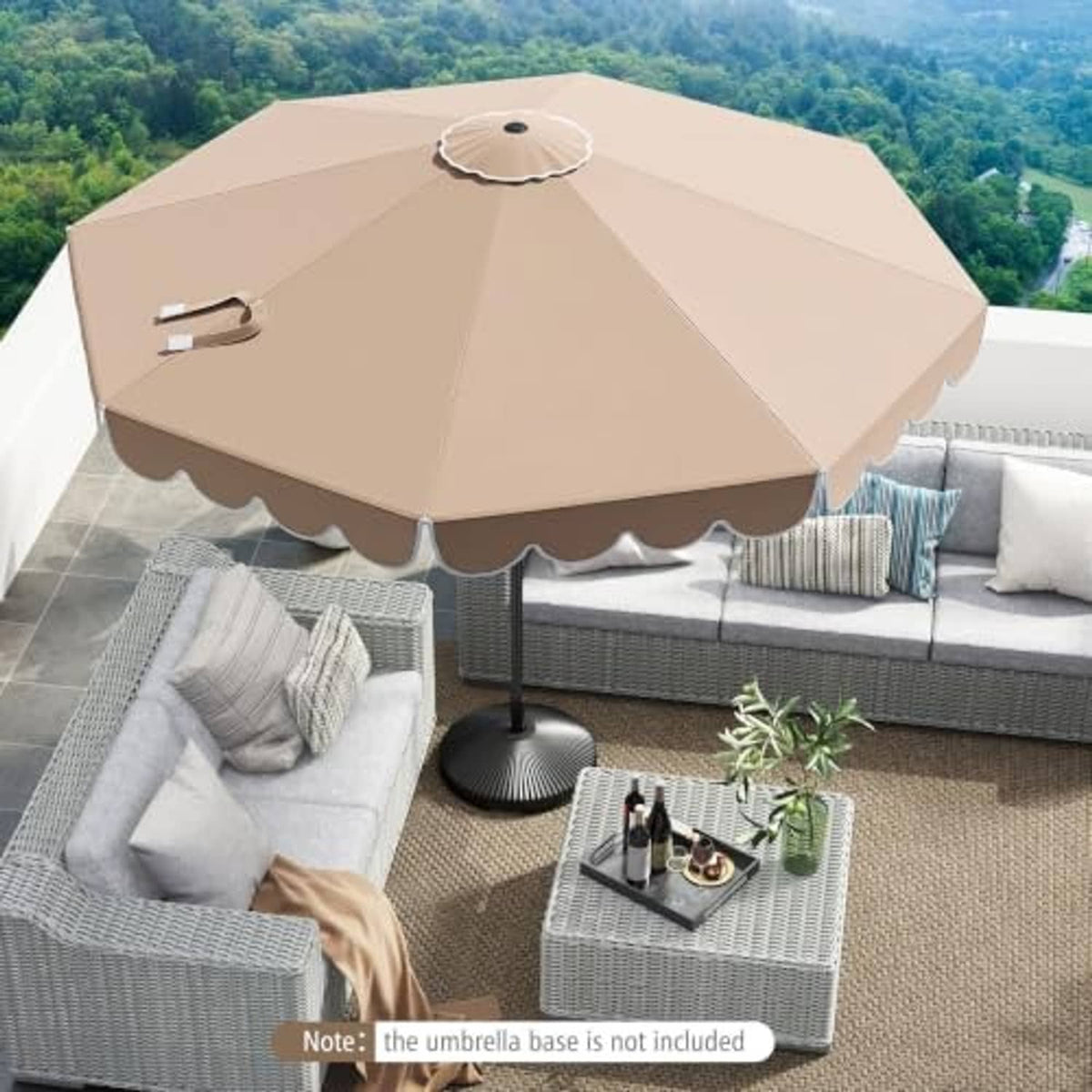 Beige two-tier patio table market umbrella over outdoor seating area