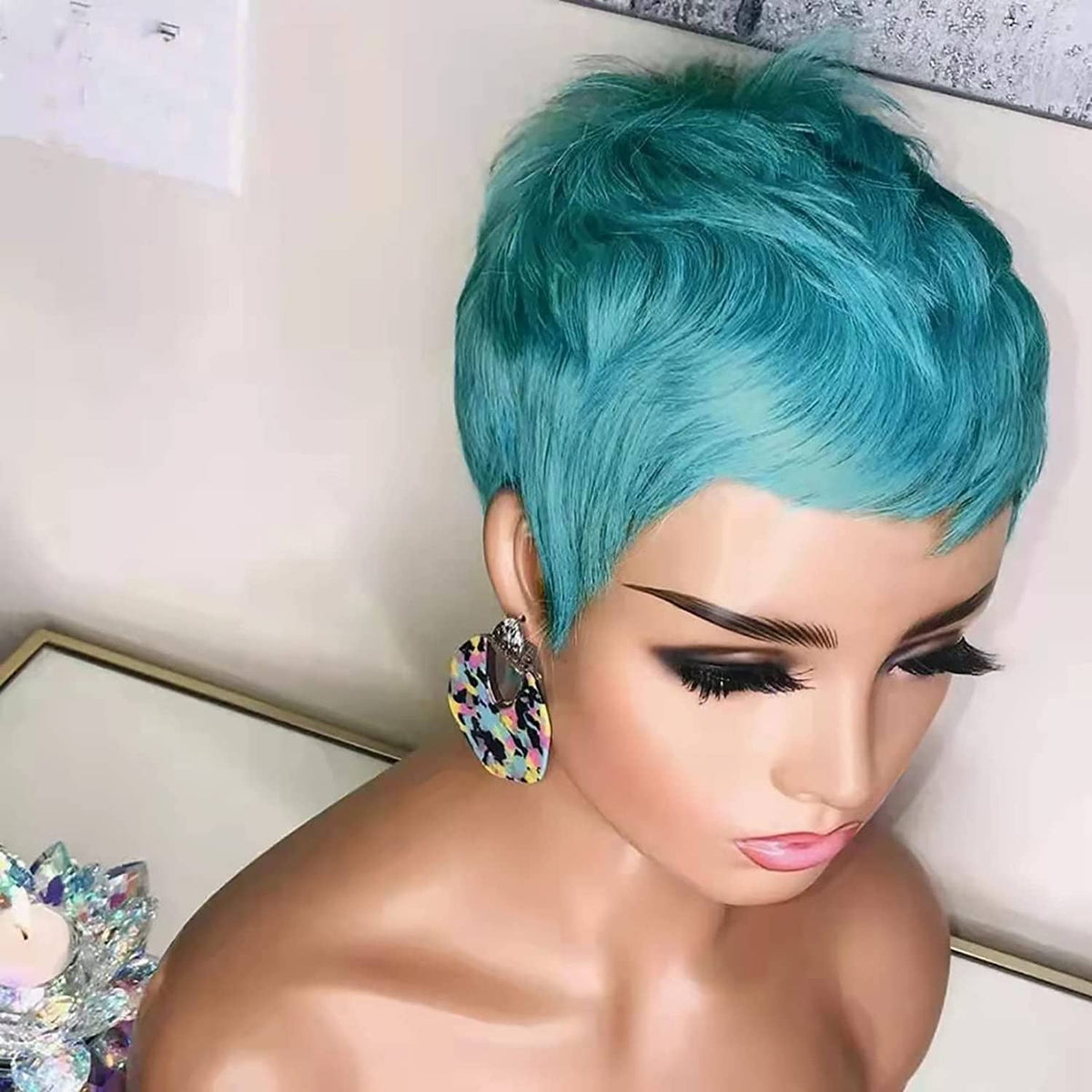 Fchw-wig short teal synthetic wig, voluminous top with smooth side part