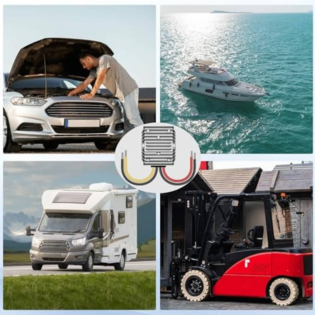 DC step-down converter used in vehicles and boats with connected wire leads