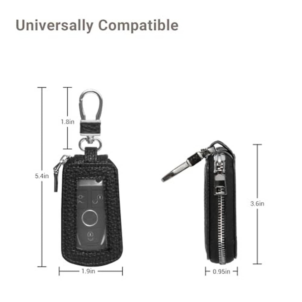 Black leather key fob case with metal key ring, button-style closure, and side zipper