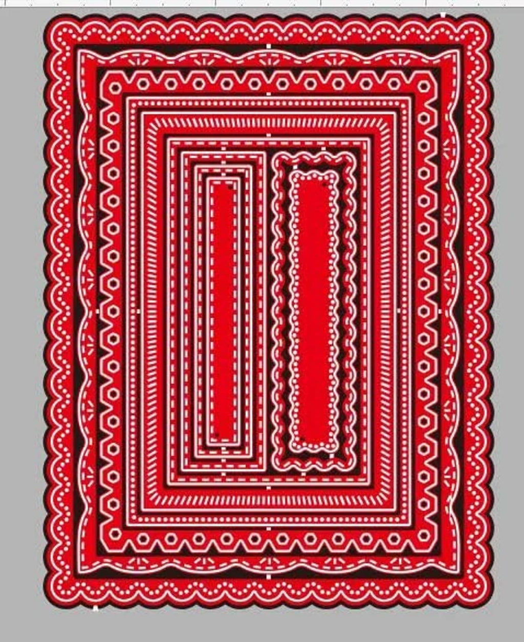 Nested rectangle frame cutting dies with scalloped edge and vertical inner panel shapes