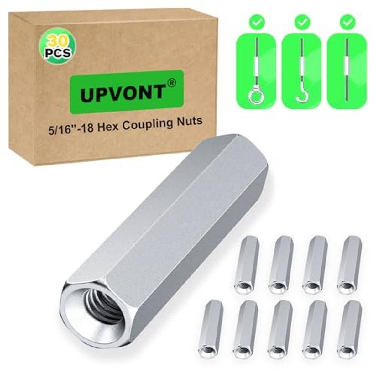 Silver hex coupling nuts, long hex sleeve with threaded bore and matching pieces
