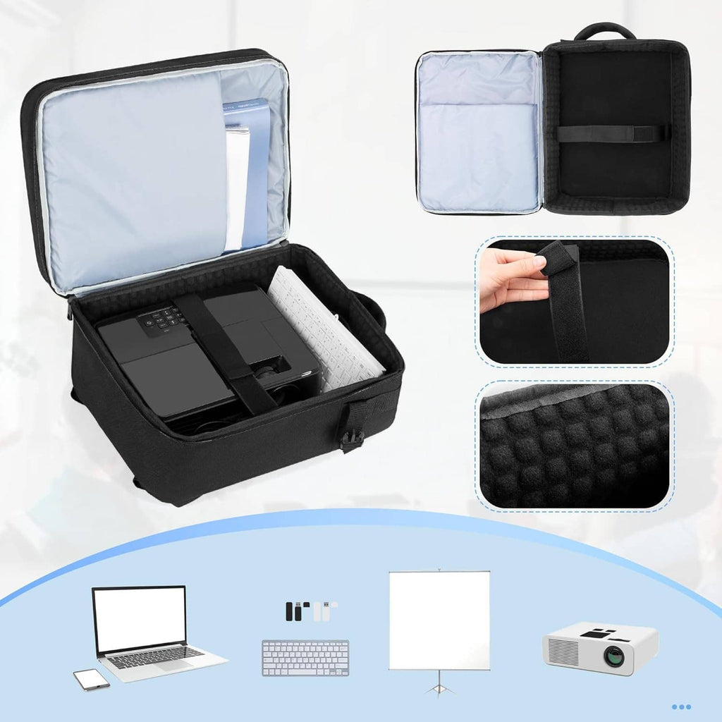 Black projector backpack open with organizer pouches and padded laptop sleeve compartment.