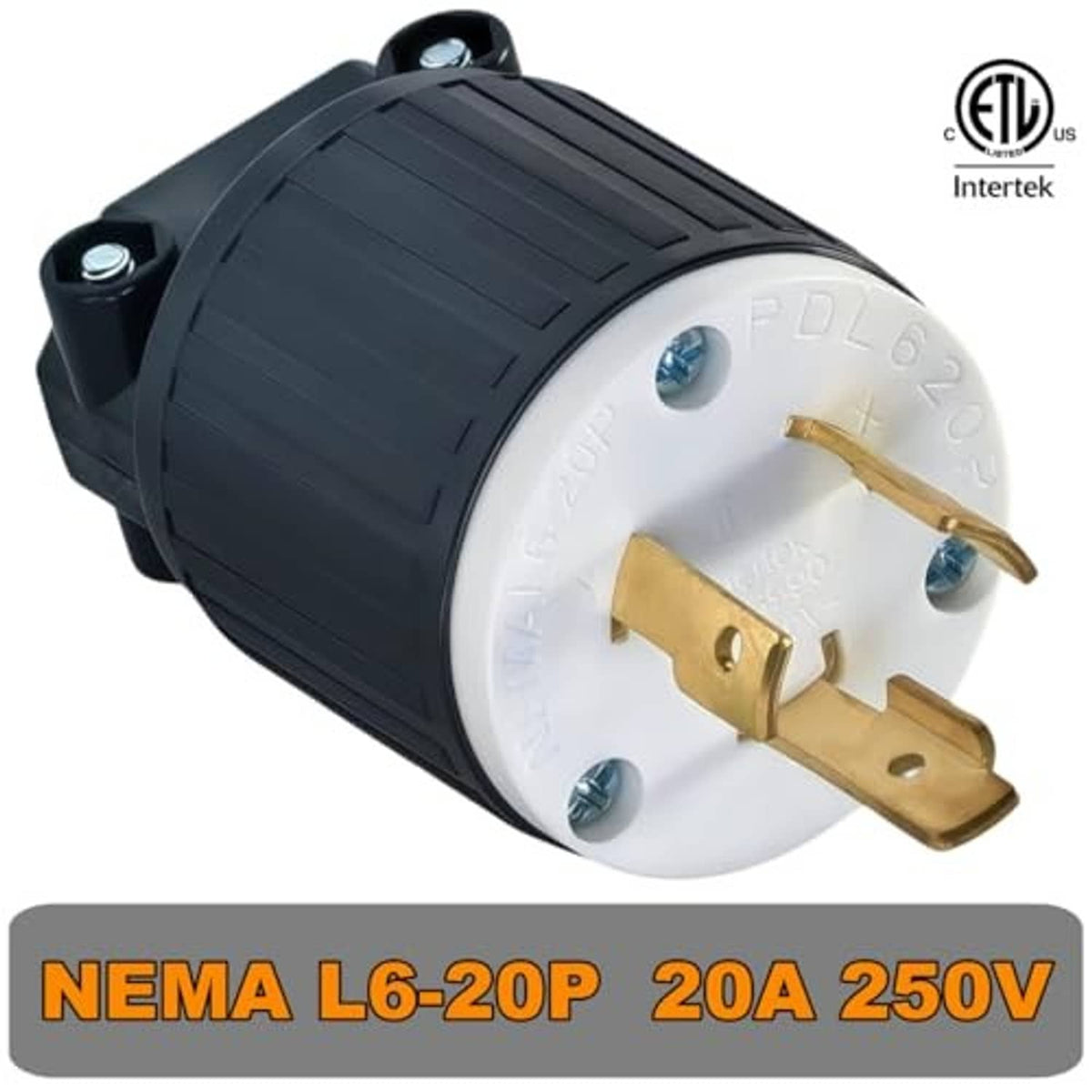 NEMA locking plug with black housing, white face, and three gold angled prongs
