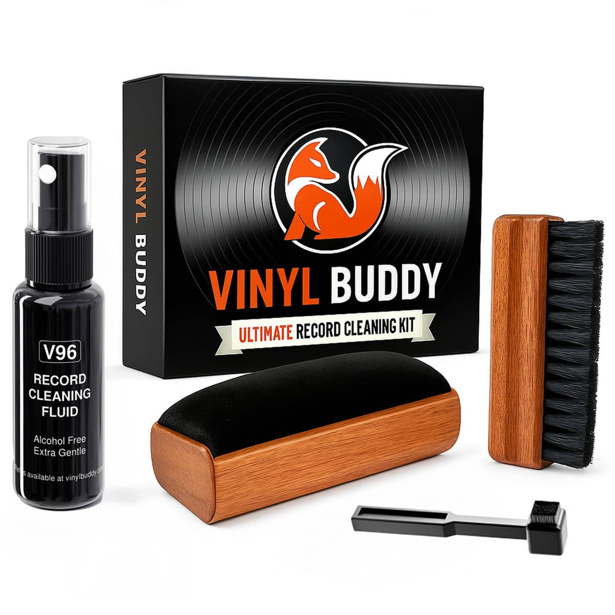 Ultimate record cleaning kit with spray bottle, velvet brush, wooden brush, and tools