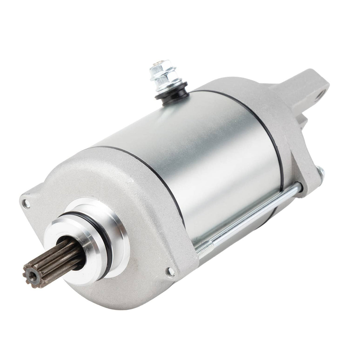 Starter motor angled view with exposed pinion shaft and silver end caps