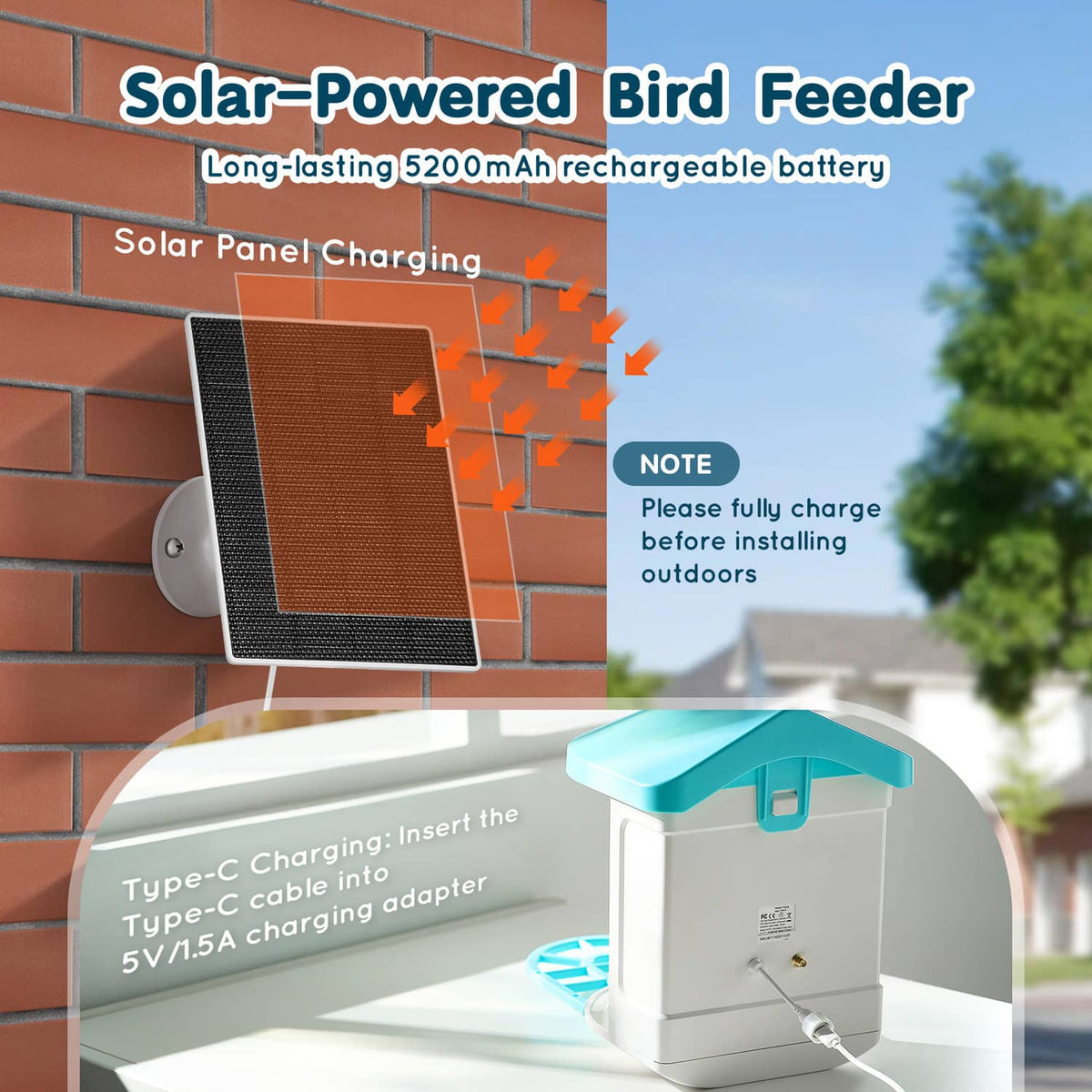 Solar-powered bird feeder kit with camera unit, blue roof, and Type-C charging cable.
