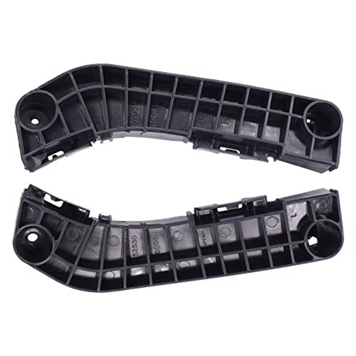 Black plastic curved bumper bracket retainer with grille ribs and two large mounting rings