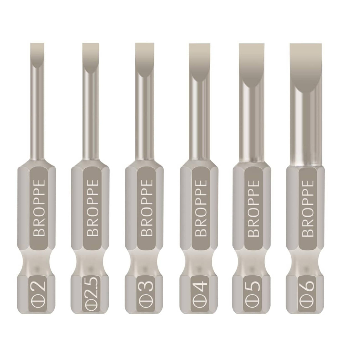 6-piece slotted screwdriver bit set, silver metal