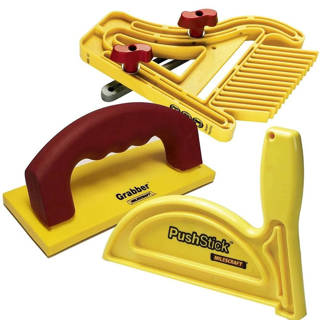 Woodworking safety bundle with yellow feather board and PushStick push tool