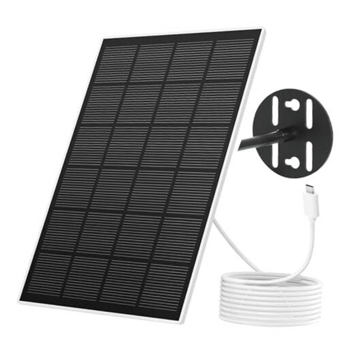 Black solar panel with wall mount and USB-C charging cable for outdoor use