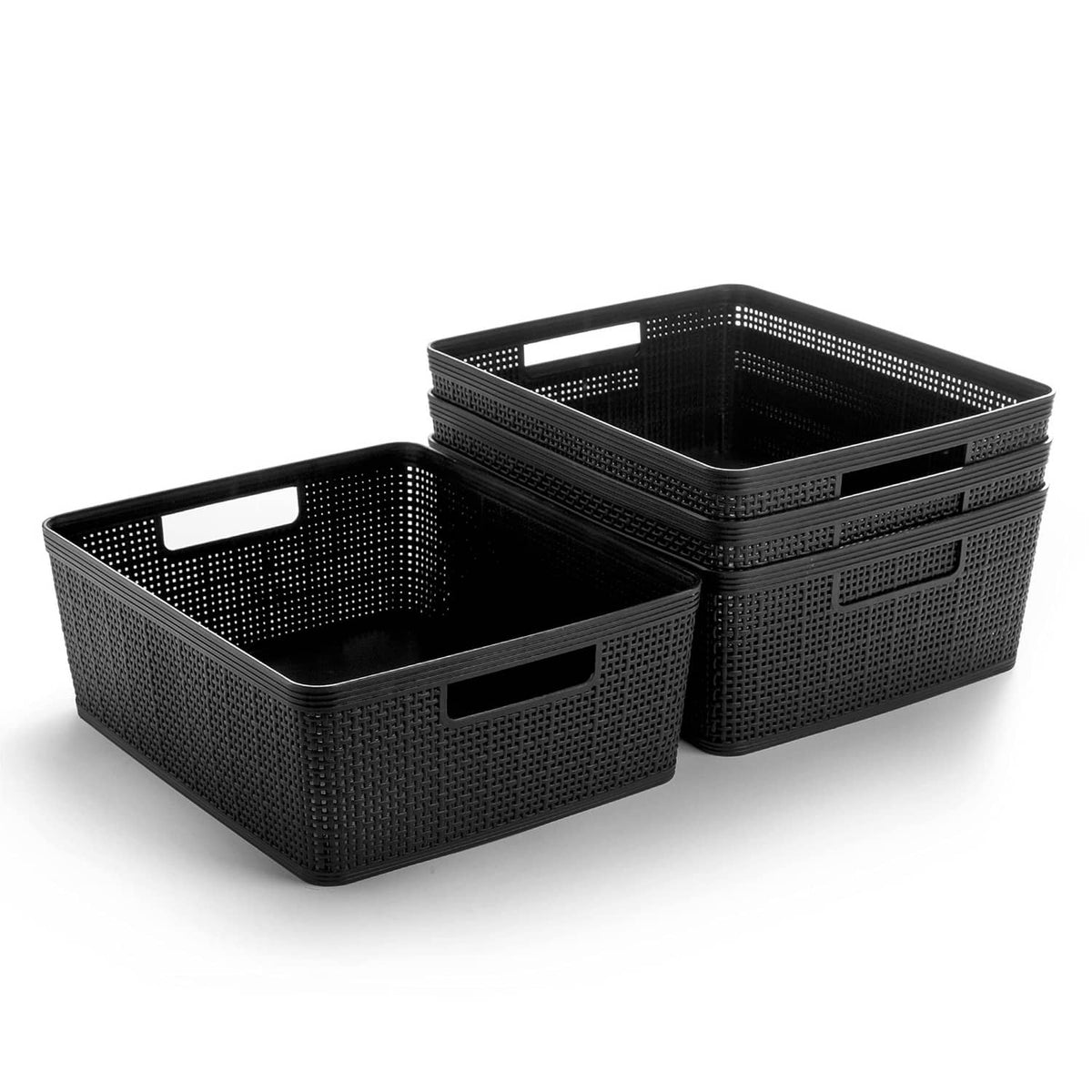 Medium black woven plastic storage baskets set, 4-pack, with side handles