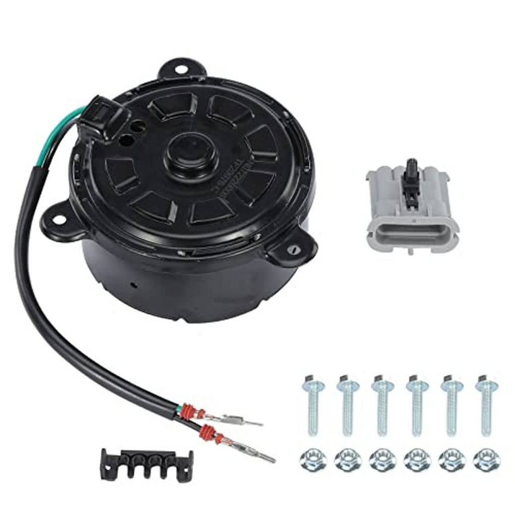 Radiator cooling fan motor assembly with wiring harness, connector, and mounting screws