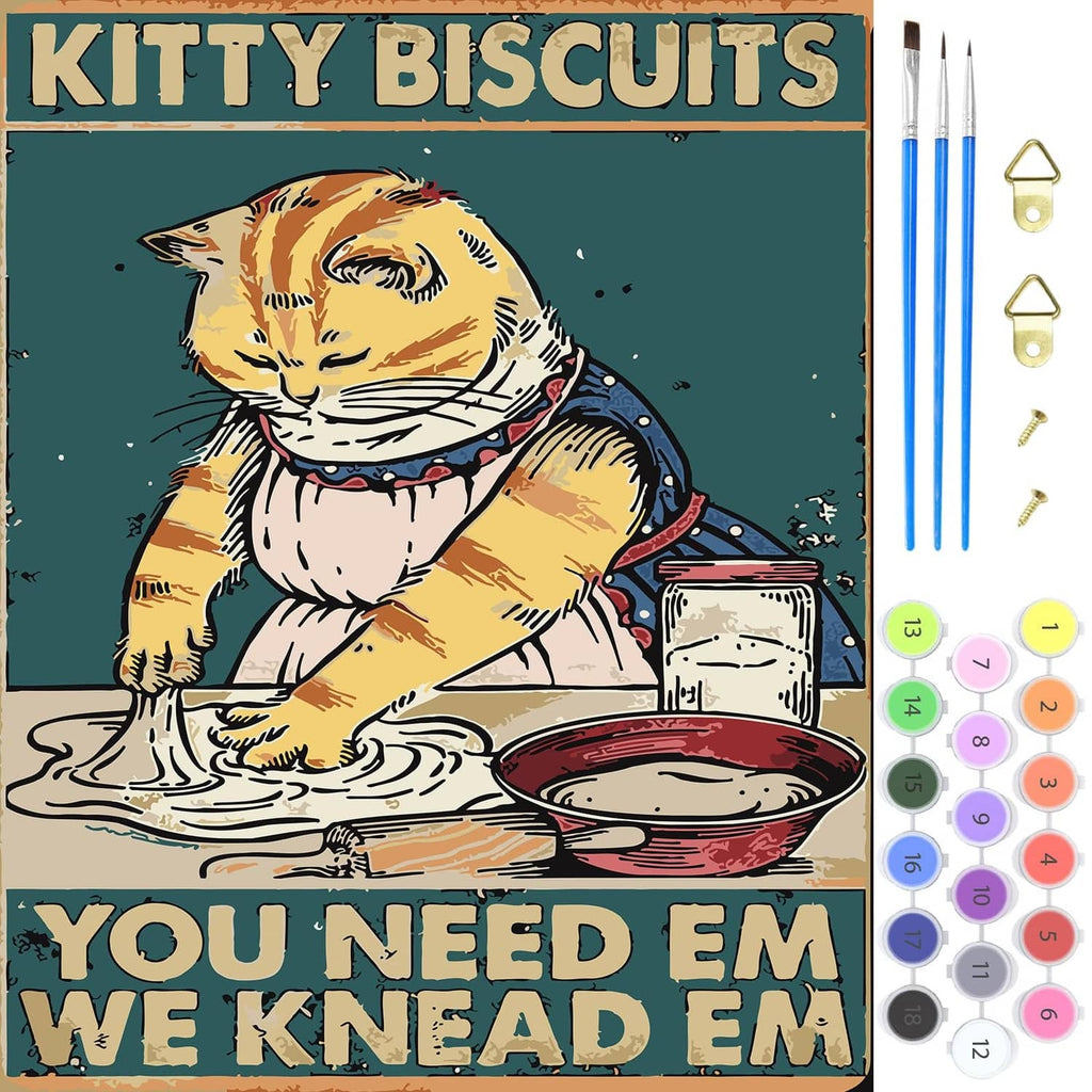 Cat paint-by-numbers kit box showing Kitty Biscuits cat illustration and color numbers