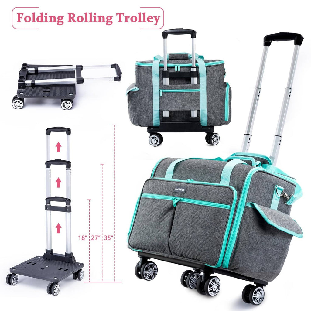 Gray and teal full-open rolling trolley sewing machine case with extendable handle