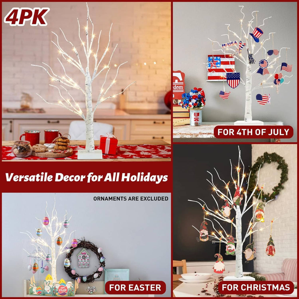 4 pack lighted birch tree decorations with warm white LEDs on white bases