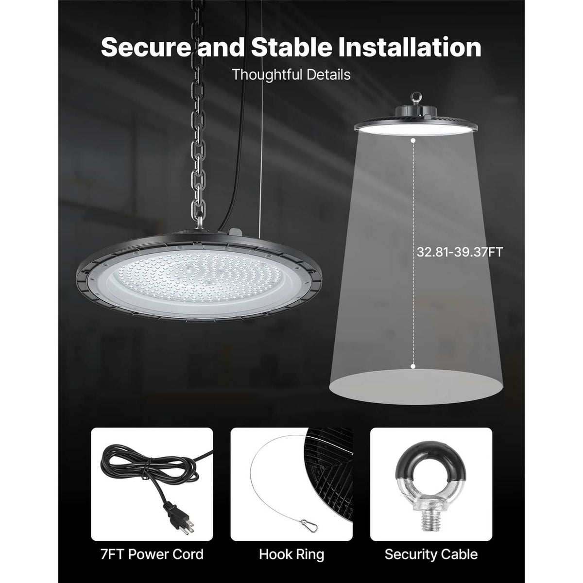 LED high bay light with chain suspension, round white diffuser and black housing