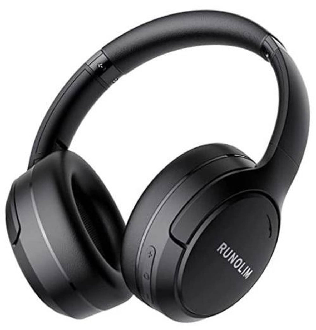 Black over-ear wireless headphones with cushioned earcups and headband, RUNOLIM logo