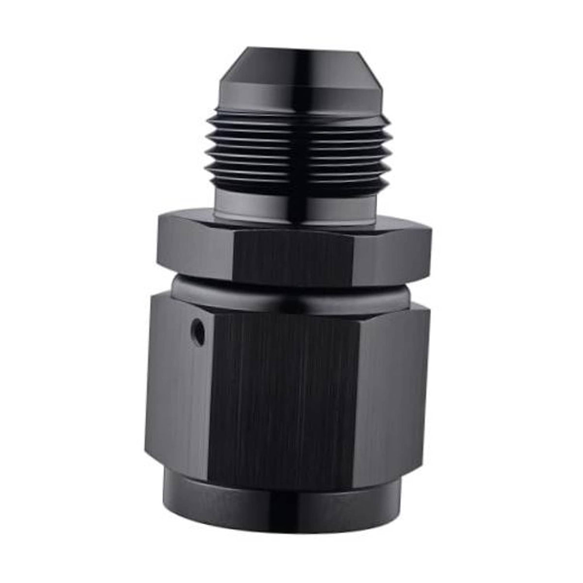 Black swivel flare expander adapter fitting, 10AN to 8AN, close-up front