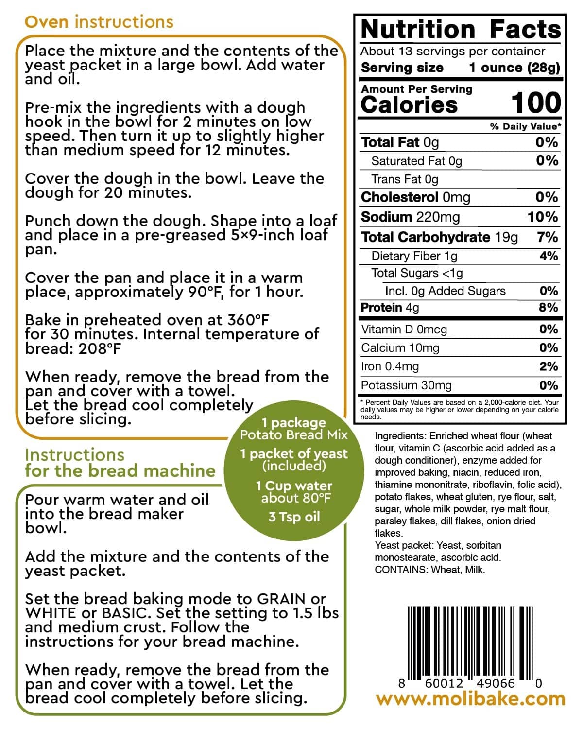 RivetOak Molibake Potato Bread Mix - All-Natural Baking for Pack of 1