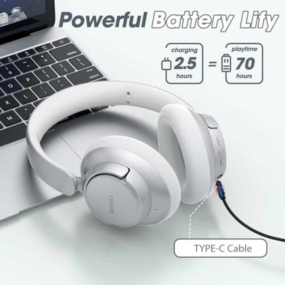 Silver over-ear wireless ANC headphones with visible charging port and cushioned headband
