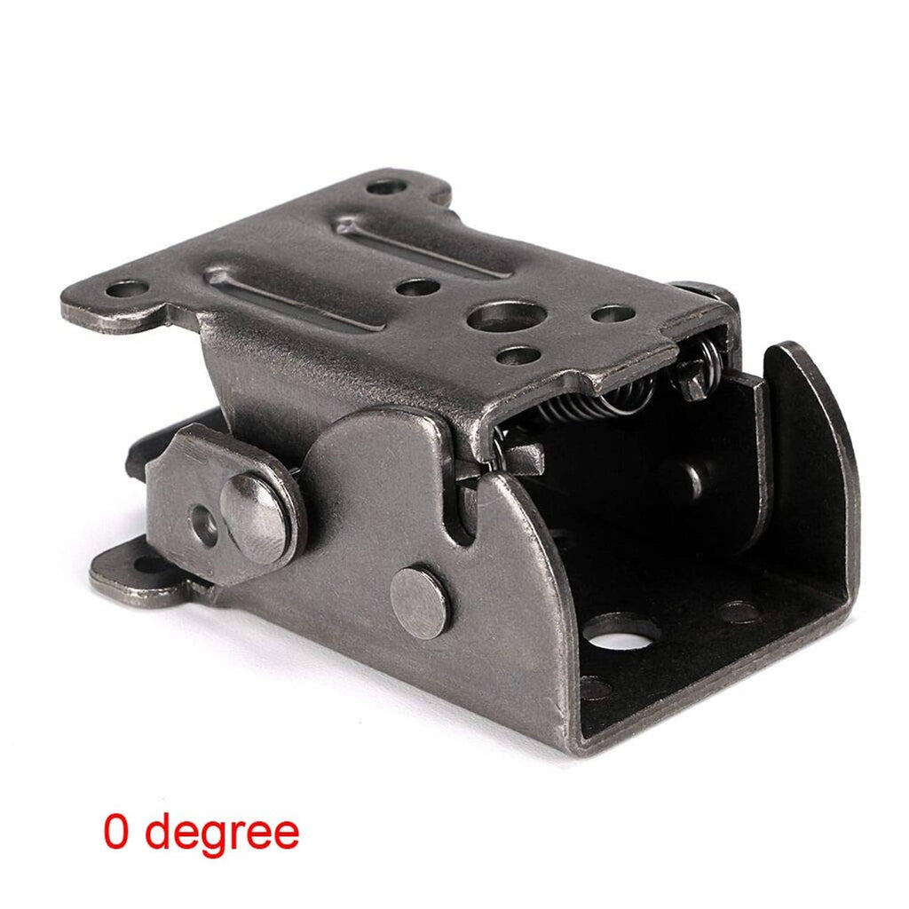0-degree folding table leg hinge bracket, black/dark metal base with screw holes