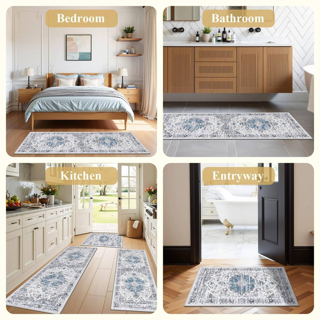 Boho rug set with grey and blue distressed medallion motifs for kitchen and entry use