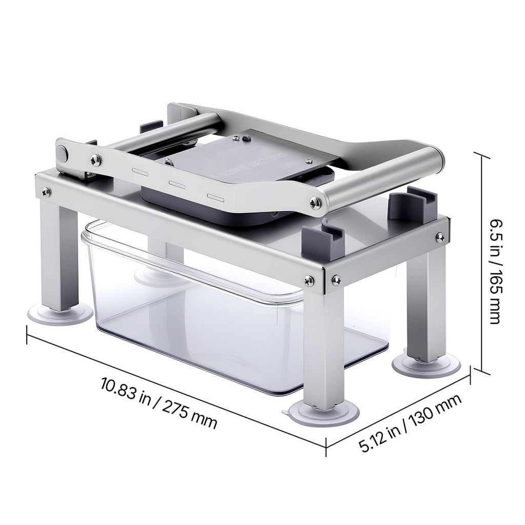 Compact stainless steel vegetable chopper with clear storage container and blade frame