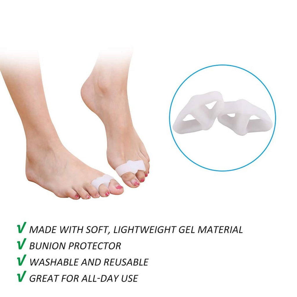 Gel toe separator and bunion protector set, shown on foot with close-up detail
