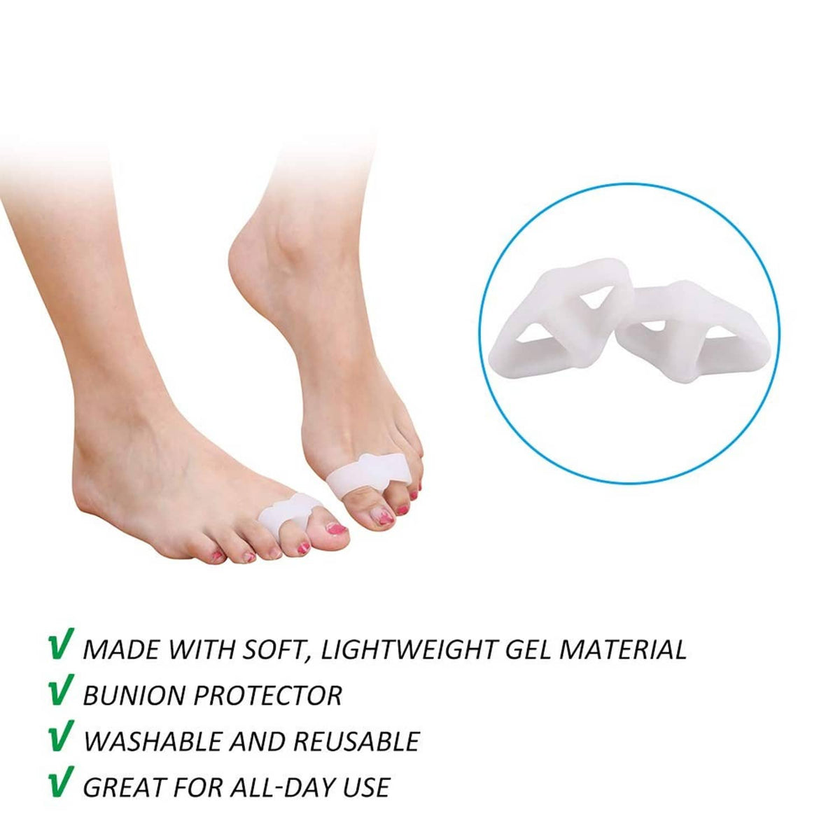 Gel toe separator and bunion protector set, shown on foot with close-up detail