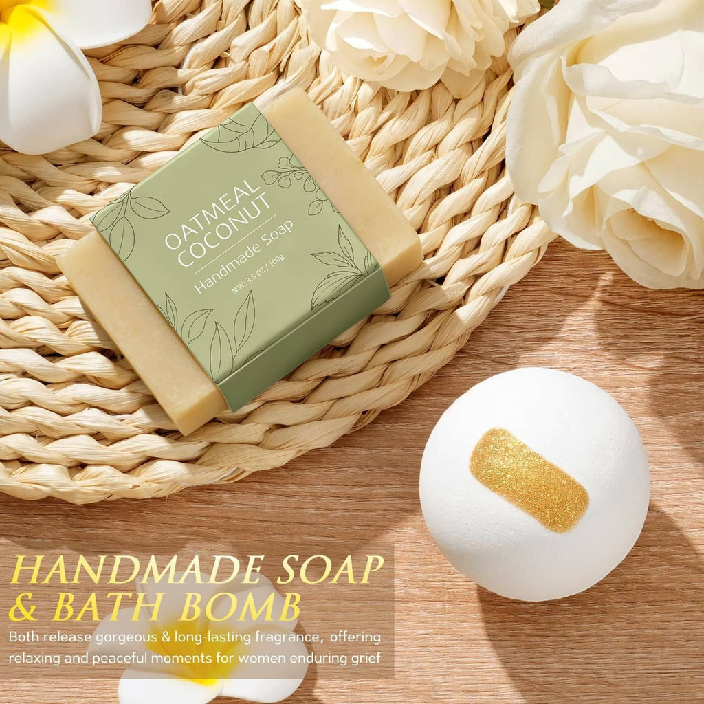 Handmade soap bar with leaf label and bath bomb on straw mat